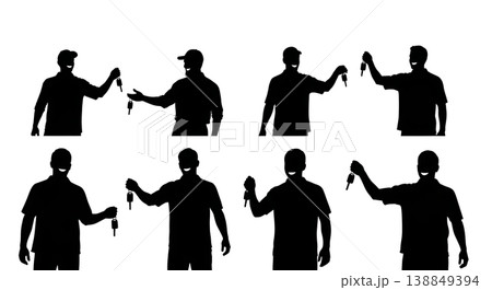 Black Solid Handing Car Keys Silhouettes Set of Six on White Background Black Solid Handing Car Keys Silhouettes Set of Six on White Background 138849394