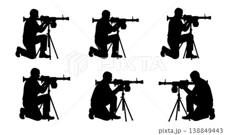 Black Solid Grenade Launcher Assembly Technicians Silhouettes Set of Six on White Background 138849443