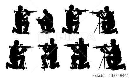 Black Solid Grenade Launcher Assembly Technicians Silhouettes Set of Six on White Background Black Solid Grenade Launcher Assembly Technicians Silhouettes Set of Six on White Background 138849444