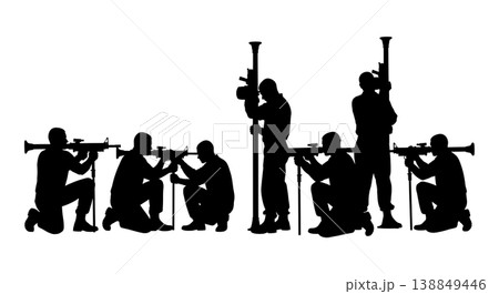 Black Solid Grenade Launcher Assembly Technicians Silhouettes Set of Six on White Background Black Solid Grenade Launcher Assembly Technicians Silhouettes Set of Six on White Background 138849446