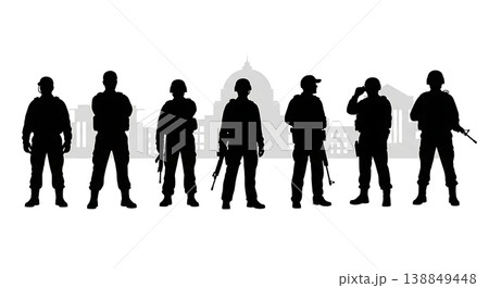 Black Solid Government Building Guard Silhouettes Set of Six on White Background 138849448