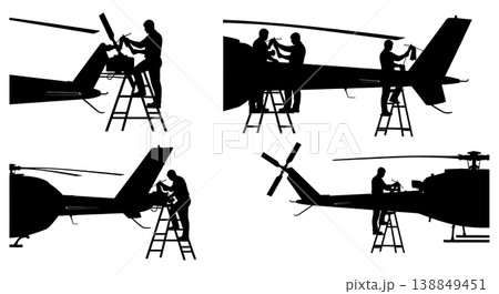 Black Solid Greasing Tail Rotor Gearbox Technician Silhouettes Set of Six on White Background 138849451