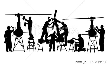 Black Solid Greasing Tail Rotor Gearbox Technician Silhouettes Set of Six on White Background 138849454