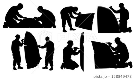Black Solid Aircraft Fuselage Damage Patching Mechanics Silhouettes Set of Six on White Background Black Solid Aircraft Fuselage Damage Patching Mechanics Silhouettes Set of Six on White Background 138849478