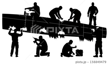 Black Solid Aircraft Fuselage Damage Patching Mechanics Silhouettes Set of Six on White Background 138849479