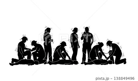 Black Solid Frontline Responder Vital Signs Silhouettes Set Of Six On White Background Black Solid Frontline Responder Vital Signs Silhouettes Set Of Six On White Background 138849496