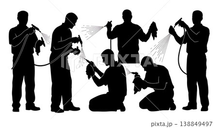 Black Solid Fuel Injector Cleaning Mechanic Silhouettes Set of Six on White Background 138849497