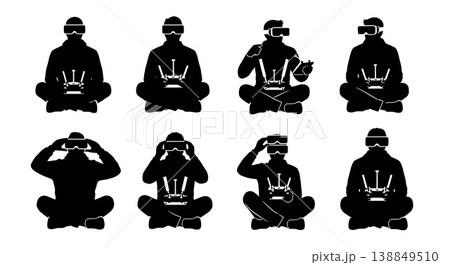 Black Solid Sitting FPV Racing Pilot Silhouettes Set of Six on White Background 138849510