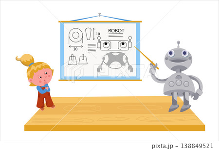 Robot teacher explaining blueprint to little girl isolated on white. Intelligent cyborg pointing at technical scheme for curious child in STEM education concept. Robot teacher explaining blueprint to little girl isolated on white. Intelligent cyborg pointing at technical scheme for curious child in STEM education concept. 138849521