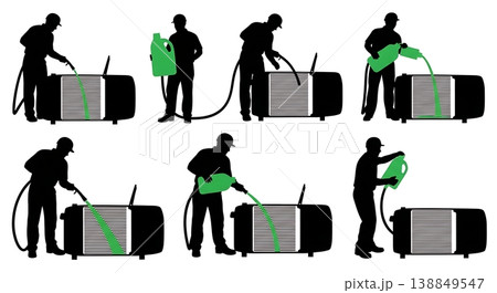 Black Solid Flushing Radiator Coolant Mechanic Silhouettes Set of Six on White Background Black Solid Flushing Radiator Coolant Mechanic Silhouettes Set of Six on White Background 138849547
