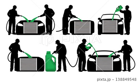 Black Solid Flushing Radiator Coolant Mechanic Silhouettes Set of Six on White Background 138849548