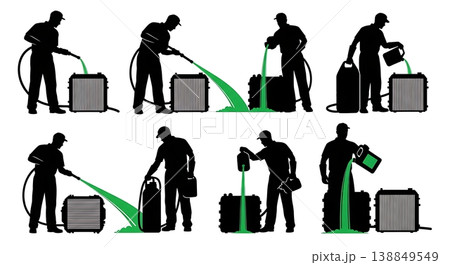 Black Solid Flushing Radiator Coolant Mechanic Silhouettes Set of Six on White Background 138849549