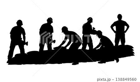 Black Solid Flood Defense Sandbagging Silhouettes Set of Six on White Background Black Solid Flood Defense Sandbagging Silhouettes Set of Six on White Background 138849560