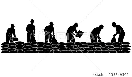 Black Solid Flood Defense Sandbagging Silhouettes Set of Six on White Background Black Solid Flood Defense Sandbagging Silhouettes Set of Six on White Background 138849562