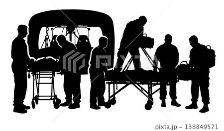 Black Solid Flight Medic Aircraft Securing Silhouettes Set Of Six On White Background Black Solid Flight Medic Aircraft Securing Silhouettes Set Of Six On White Background 138849571