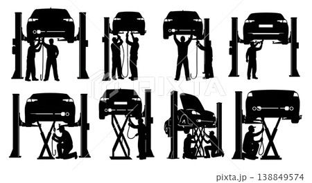 Black Solid Fixing Exhaust Pipe Hydraulic Lift Silhouettes Set of Six on White Background Black Solid Fixing Exhaust Pipe Hydraulic Lift Silhouettes Set of Six on White Background 138849574