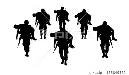 Black Solid Soldier Fireman Carry Silhouettes Set Of Six On White Background Black Solid Soldier Fireman Carry Silhouettes Set Of Six On White Background 138849581