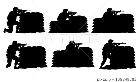 Black Solid Firing Weapon Sandbag Wall Sapper Silhouettes Set of Six on White Background 138849583