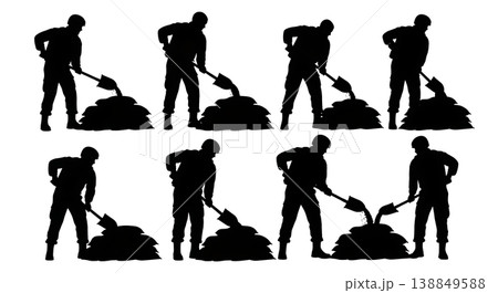 Black Solid Filling Sandbag Shovel Soldier Silhouettes Set of Six on White Background Black Solid Filling Sandbag Shovel Soldier Silhouettes Set of Six on White Background 138849588
