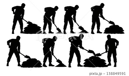 Black Solid Filling Sandbag Shovel Soldier Silhouettes Set of Six on White Background 138849591