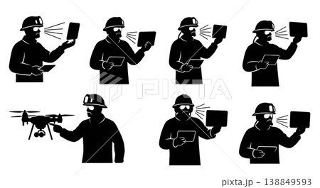 Black Solid Firefighter Drone Pilot Hotspot Silhouettes Set of Six on White Background Black Solid Firefighter Drone Pilot Hotspot Silhouettes Set of Six on White Background 138849593