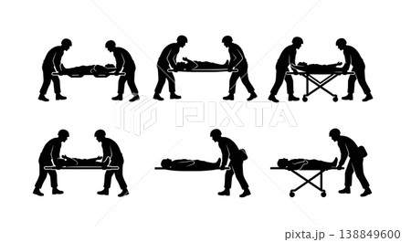 Black Solid Paramedical Stretcher Loading Silhouettes Set Of Six On White Background Black Solid Paramedical Stretcher Loading Silhouettes Set Of Six On White Background 138849600