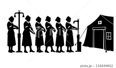 Black Solid Field Surgery Nurse Scrubbing Silhouettes Set Of Six On White Background Black Solid Field Surgery Nurse Scrubbing Silhouettes Set Of Six On White Background 138849602