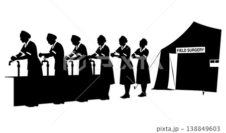 Black Solid Field Surgery Nurse Scrubbing Silhouettes Set Of Six On White Background Black Solid Field Surgery Nurse Scrubbing Silhouettes Set Of Six On White Background 138849603