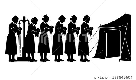 Black Solid Field Surgery Nurse Scrubbing Silhouettes Set Of Six On White Background Black Solid Field Surgery Nurse Scrubbing Silhouettes Set Of Six On White Background 138849604