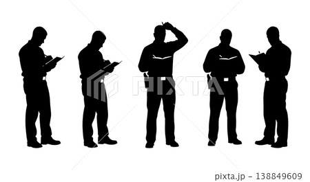 Black Solid Field Logbook Writing Silhouettes Set of Six on White Background Black Solid Field Logbook Writing Silhouettes Set of Six on White Background 138849609