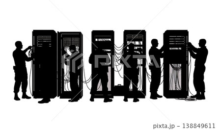 Black Solid Field Server Rack IT Technicians Silhouettes Set of Six on White Background 138849611