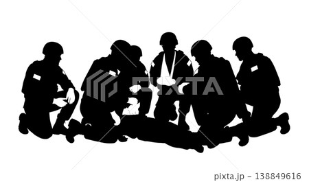 Black Solid Field First Aid Medic Silhouettes Set of Six on White Background Black Solid Field First Aid Medic Silhouettes Set of Six on White Background 138849616