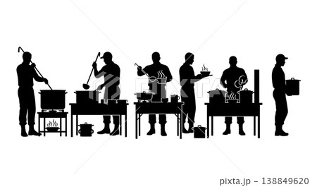 Black Solid Field Kitchen Hot Meal Serving Silhouettes Set of Six on White Background 138849620