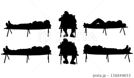 Black Solid Field Cot Resting Sleeping Silhouettes Set of Six on White Background 138849653