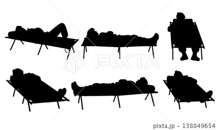 Black Solid Field Cot Resting Sleeping Silhouettes Set of Six on White Background Black Solid Field Cot Resting Sleeping Silhouettes Set of Six on White Background 138849654