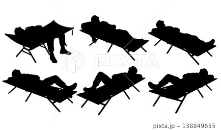Black Solid Field Cot Resting Sleeping Silhouettes Set of Six on White Background Black Solid Field Cot Resting Sleeping Silhouettes Set of Six on White Background 138849655