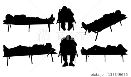 Black Solid Field Cot Resting Sleeping Silhouettes Set of Six on White Background 138849656