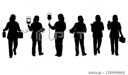 Black Solid Female Army Medic Plasma Silhouettes Set Of Six On White Background Black Solid Female Army Medic Plasma Silhouettes Set Of Six On White Background 138849668