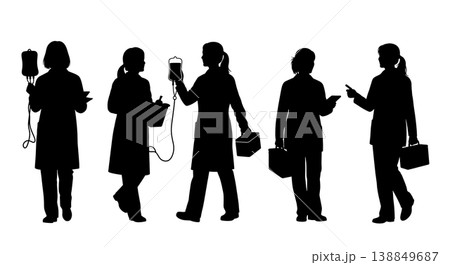 Black Solid Female Army Medic Plasma Silhouettes Set Of Six On White Background Black Solid Female Army Medic Plasma Silhouettes Set Of Six On White Background 138849687