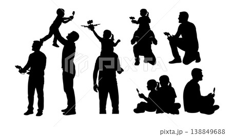 Black Solid Father Child Drone Controller Silhouettes Set of Six on White Background 138849688