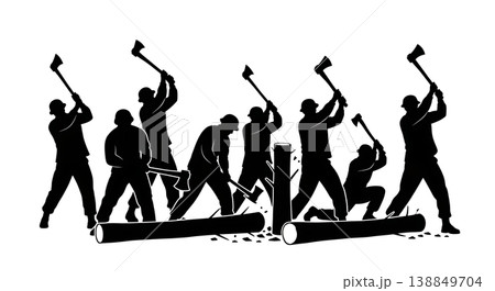Black Solid Fallen Tree Axe Chopping Silhouettes Set of Six on White Background Black Solid Fallen Tree Axe Chopping Silhouettes Set of Six on White Background 138849704