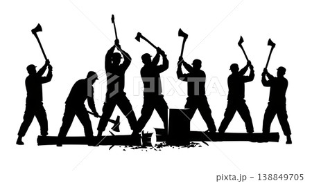 Black Solid Fallen Tree Axe Chopping Silhouettes Set of Six on White Background Black Solid Fallen Tree Axe Chopping Silhouettes Set of Six on White Background 138849705