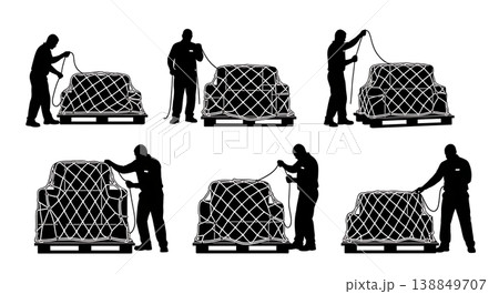 Black Solid Fastening Cargo Netting Baggage Worker Silhouettes Set of Six on White Background Black Solid Fastening Cargo Netting Baggage Worker Silhouettes Set of Six on White Background 138849707