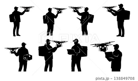Black Solid Fast Food Delivery Drone Operator Silhouettes Set of Six on White Background Black Solid Fast Food Delivery Drone Operator Silhouettes Set of Six on White Background 138849708