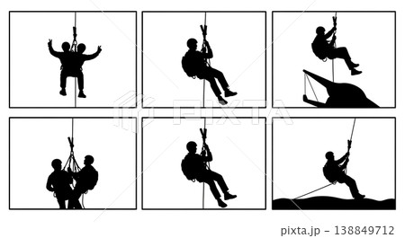 Black Solid Airborne Extraction Cable Personnel Silhouettes Set Of Six On White Background Black Solid Airborne Extraction Cable Personnel Silhouettes Set Of Six On White Background 138849712
