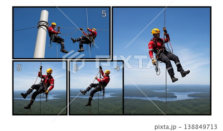 Black Solid Airborne Extraction Cable Personnel Silhouettes Set Of Six On White Background Black Solid Airborne Extraction Cable Personnel Silhouettes Set Of Six On White Background 138849713
