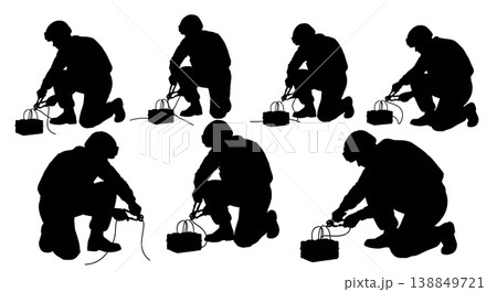 Black Solid Explosive Device Wire Snipping Technicians Silhouettes Set of Six on White Background 138849721