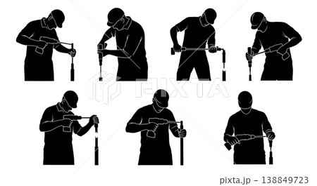Black Solid Extracting Broken Stripped Bolt Mechanic Silhouettes Set of Six on White Background 138849723