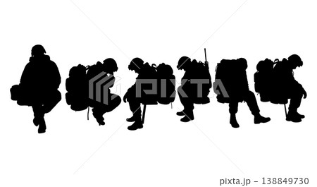 Black Solid Exhausted Medic Mission Rest Silhouettes Set Of Six On White Background Black Solid Exhausted Medic Mission Rest Silhouettes Set Of Six On White Background 138849730