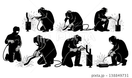 Black Solid Exhaust Pipe Welding Repair Silhouettes Set of Six on White Background 138849731